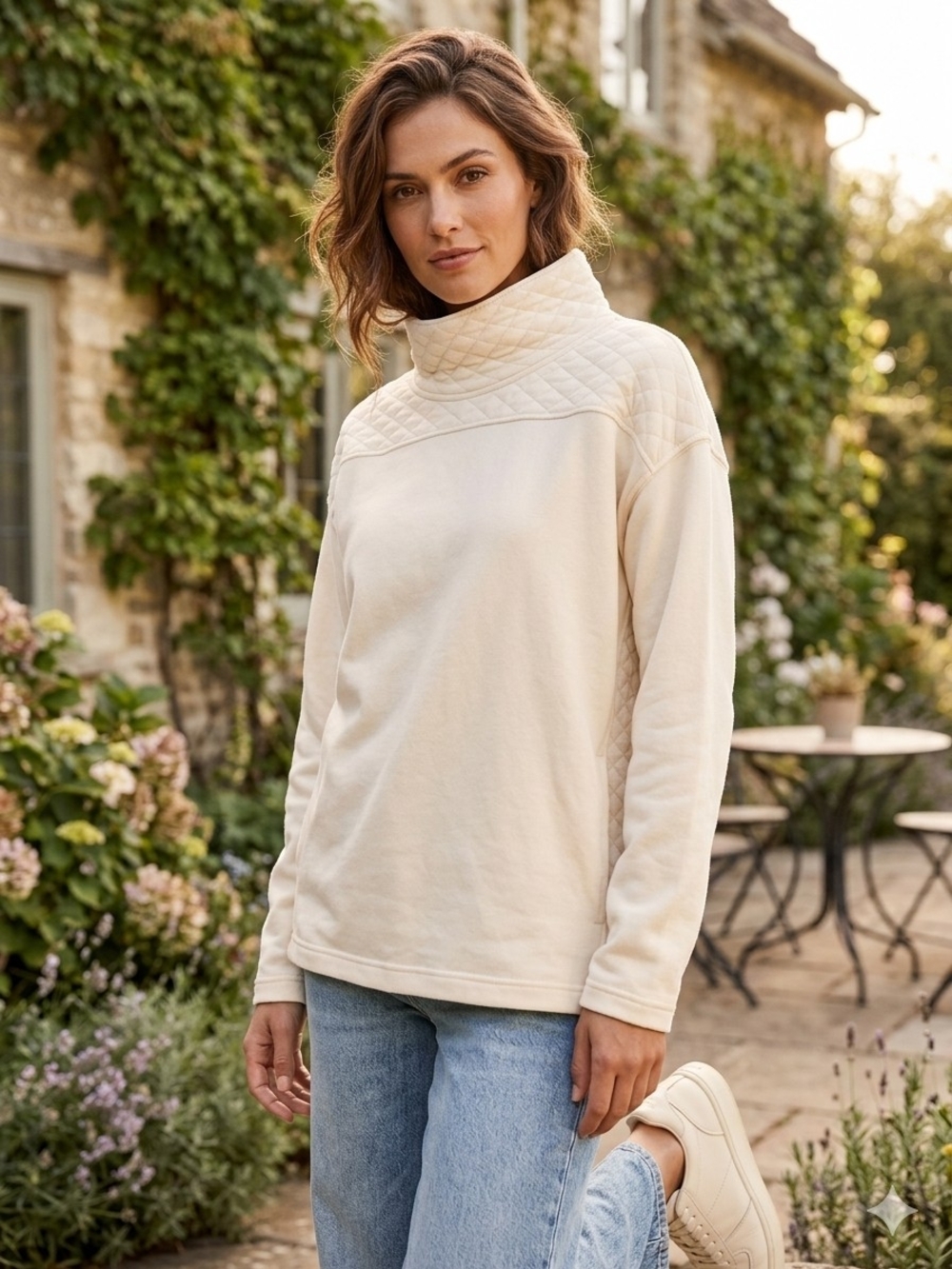 League Cream Quilted Funnel Turtleneck Sweater